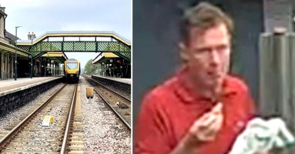 A picture of a train track and CCTV footage of a man in a red t-shirt released by the BTP after an attempted baby abduction. 